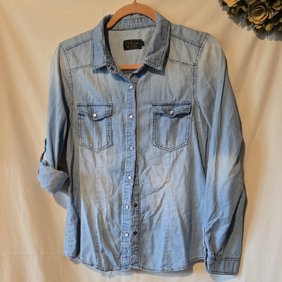 Ci Sono Light Blue Denim Like Button Down Shirt With Pearly Buttons - Picture 1 of 8